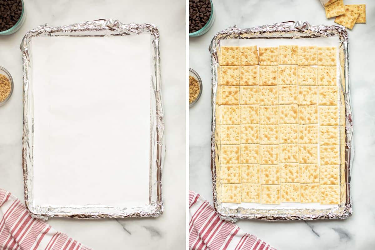 Side by side photo showing lined baking sheet and then baking sheet lined with saltine crackers.