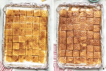 Side by side photo showing the caramel mixture over the saltine crackers before and after baking.