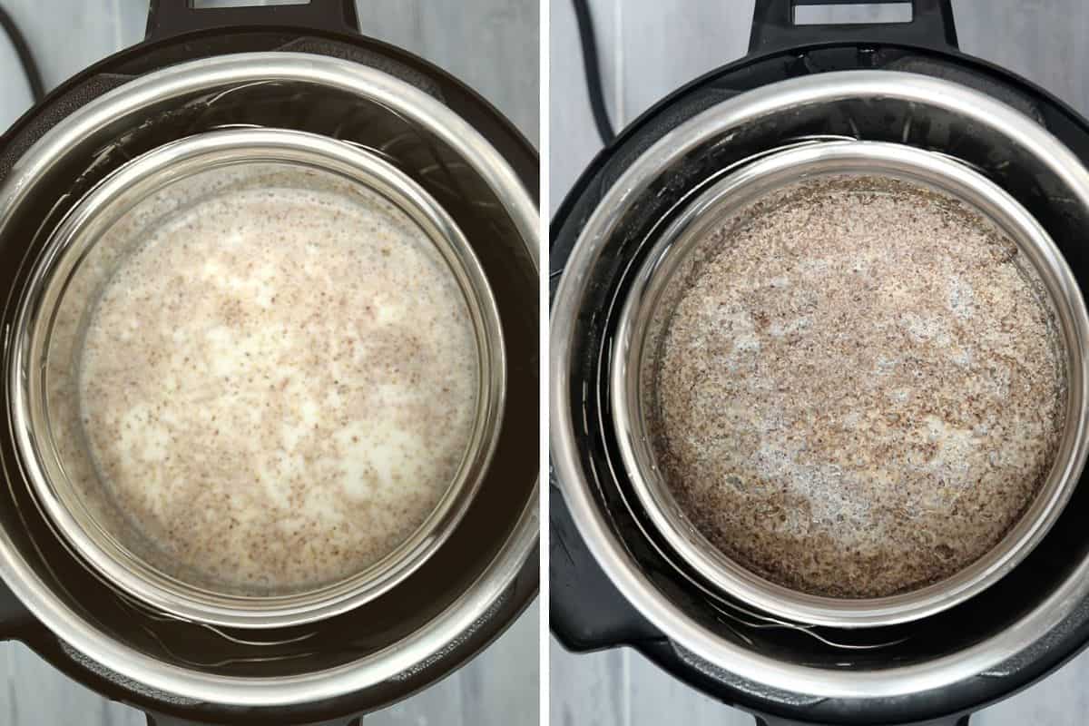 Side by side photo showing steel cut oats before and after cooking inside the inner pot.