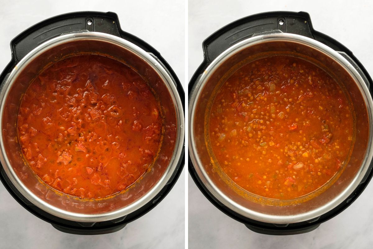 Side by side photo showing lentil soup in instant pot after pressure cooking and after stirring.