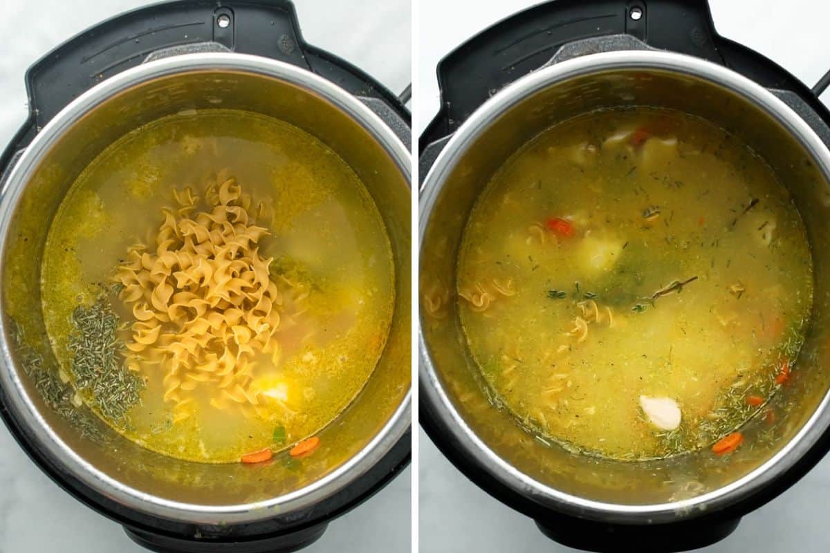 Side by side picture of instant pot before and after submerging noodles into broth.