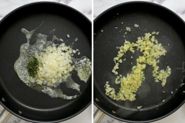 Side by side skillet showing onions and thyme before and after sauteeing.