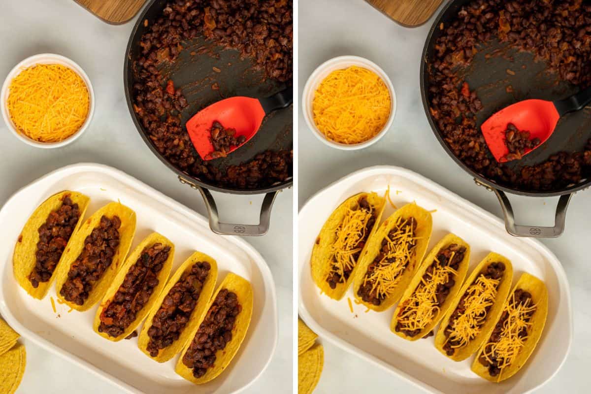Side by side photo showing taco shells after adding beans and topping with cheese.