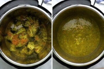 Instant Pot showing broccoli soup before and after thickening.