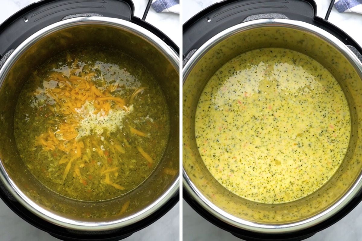 Instant Pot with broccoli cheese soup before and after adding cheese and cream.