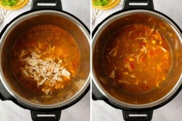 Side by side photo showing inner pot after adding back cooked chicken and stirring into the soup.