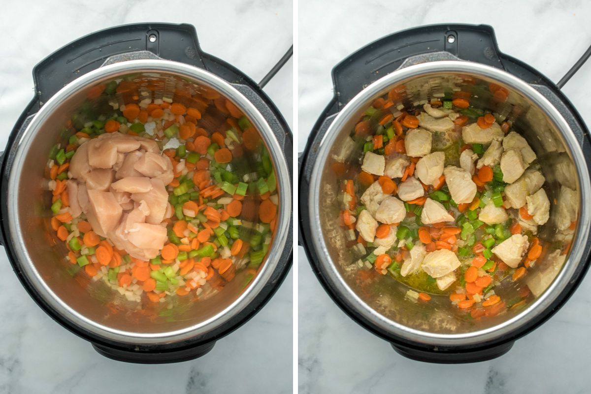 Side by side photo showing instant pot with chicken and vegetables before and after sauteeing.