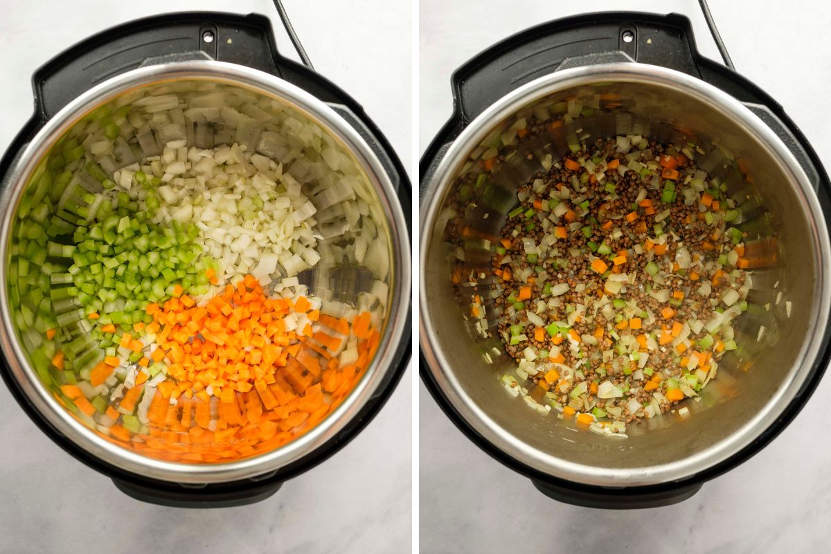 Side by side photo with carrots, celery, and onions in inner pot and inner pot with sauteed vegetables and lentils.