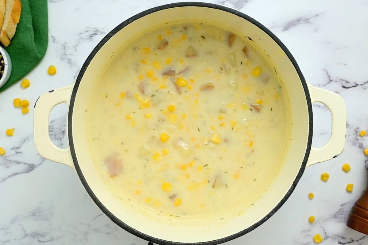 Potato Corn Chowder after cream added and simmered until thickened.