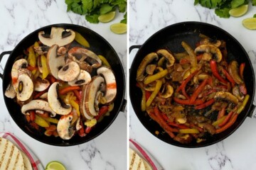 Portobello mushrooms with peppers and onions in cast iron skilelt before and after sauteeing.