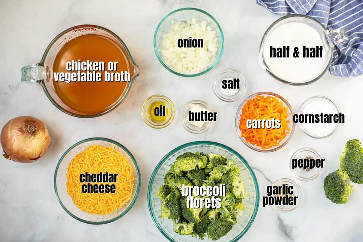 Ingredients for broccoli cheddar soup labeled on counter.