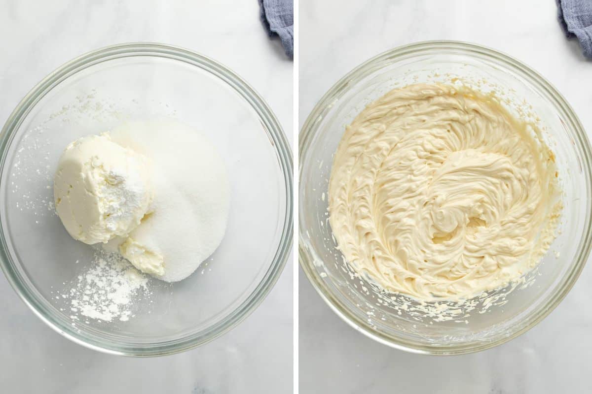 Side by side mixing bowl showing cheesecake batter before and after mixing.