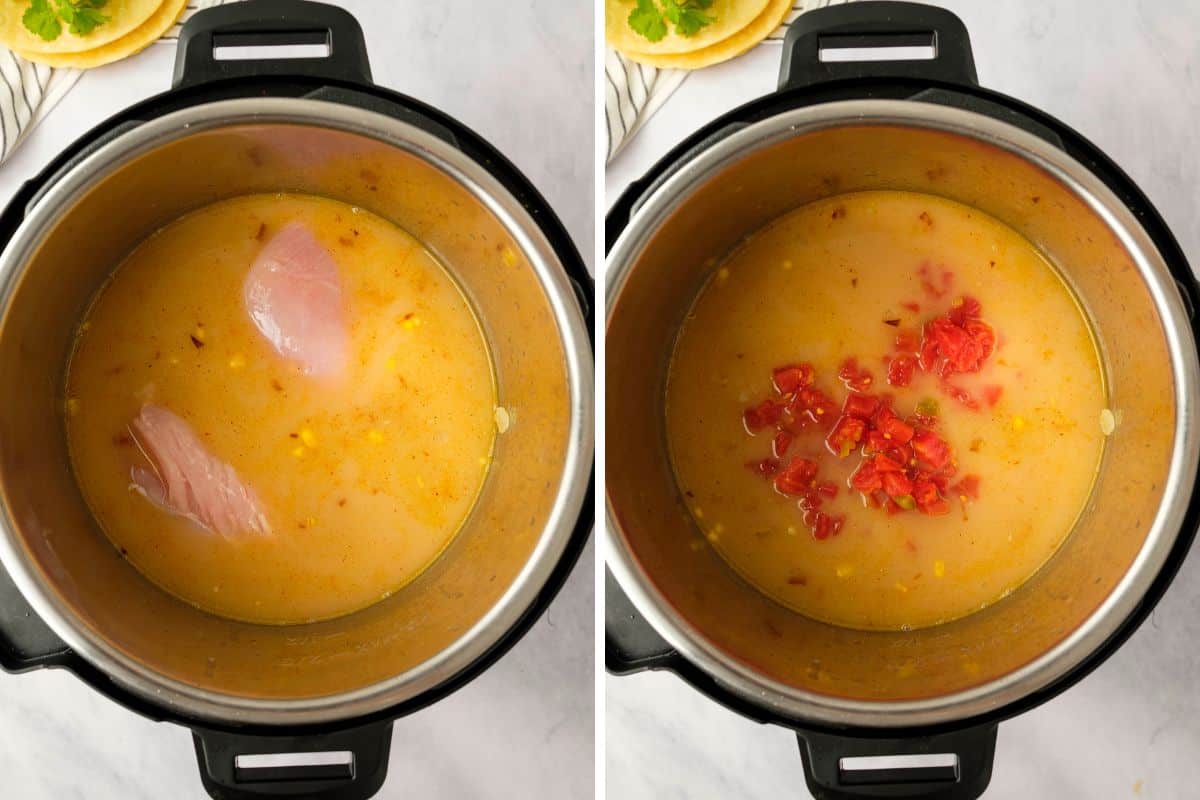Side by side photo showing instant pot before and after adding tomatoes and chicken to instant pot tortilla soup.
