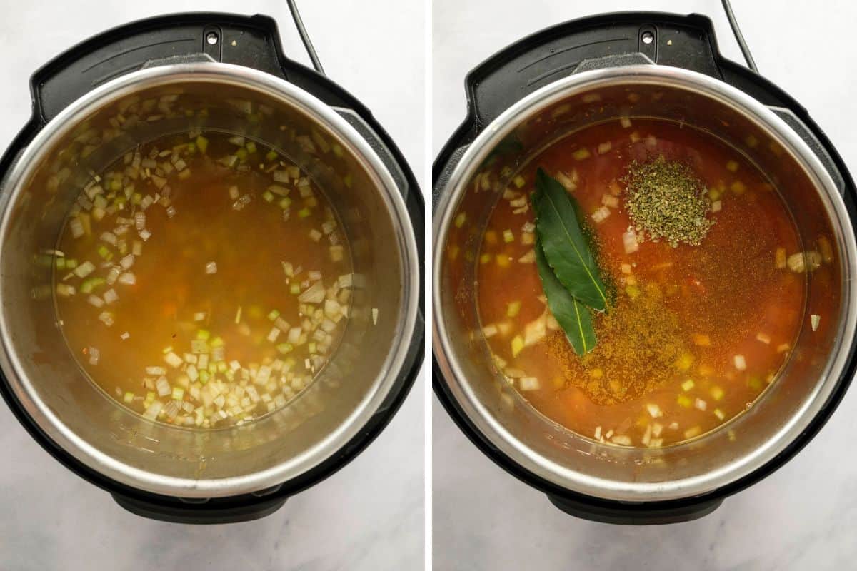 Side by side photo showing instant pot after adding broth then tomatoes and spices.