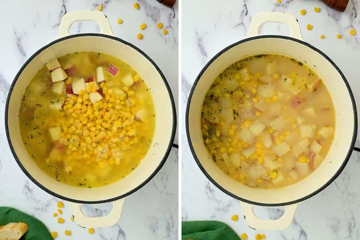 Side by side photo showing corn and potato chowder before and after simmering. 