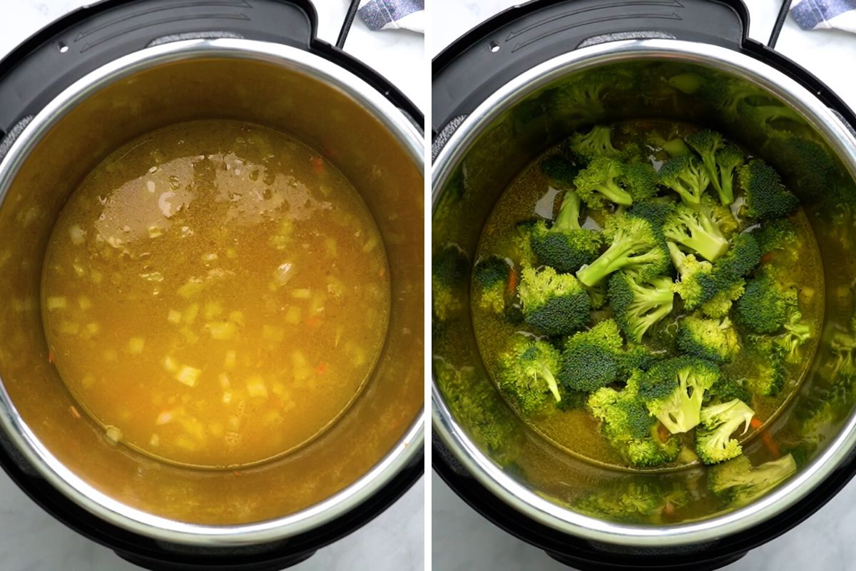 Side by side photo showing instant pot with ingredients for soup before and after adding broccoli.