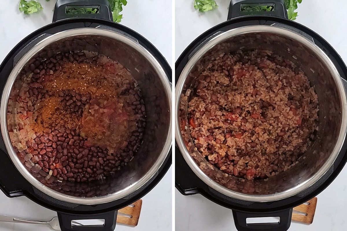 Side by side photo showing rice and beans before and after mixing salsa into the inner pot.