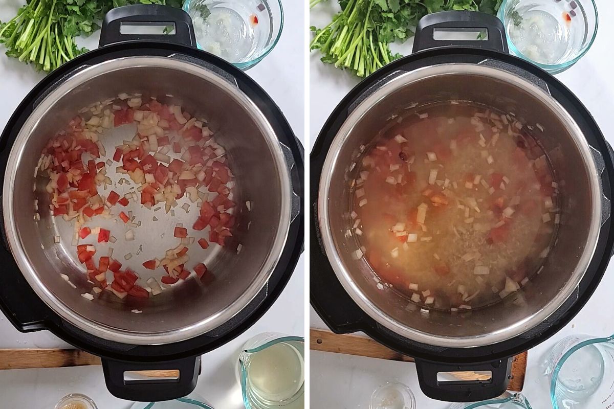 Side by side photo showing sauteed peppers and onions in inner pot next to photo with rice and beans in inner pot.