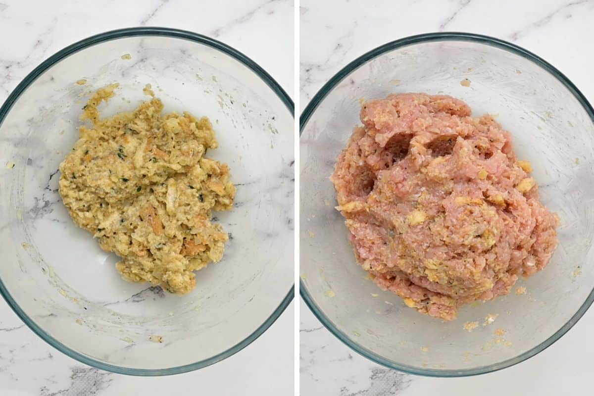 Side by side bowl showing before and after adding ground turkey to meatball mixture.