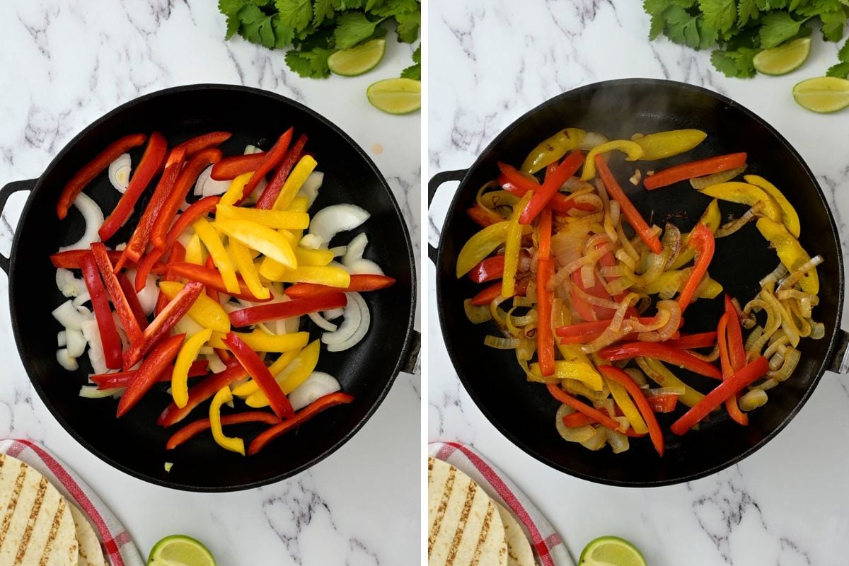 Side by side photo showing peppers and onions before and after sauteeing.