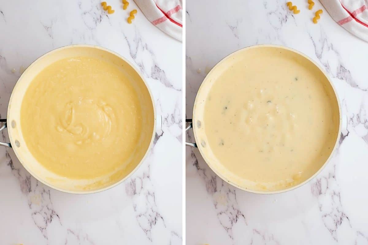 Side by side photo showing creamy sauce for casserole before and after adding seasonings.
