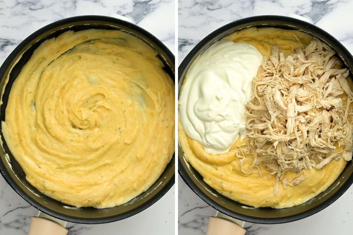 Side by side sauce pan with homemade cream of chicken and then with sour cream and chicken added to the pan.