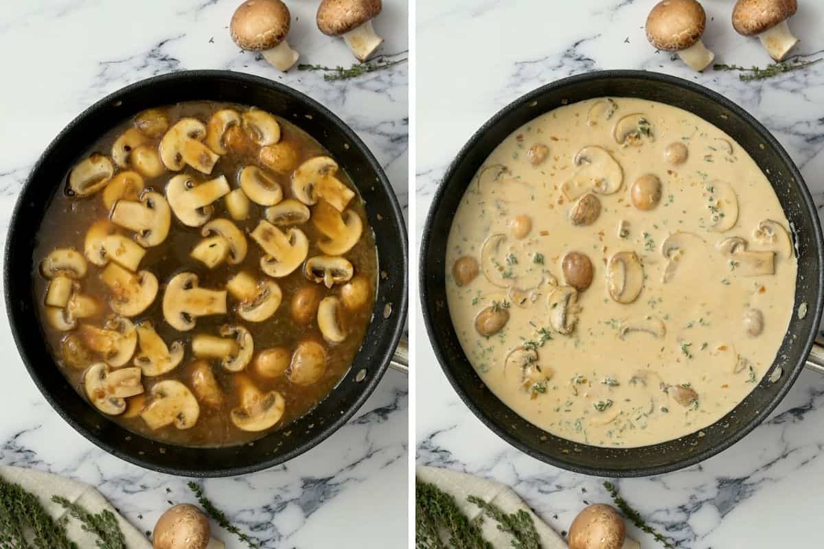 Skillet with mushroom sauce before and after adding cream.