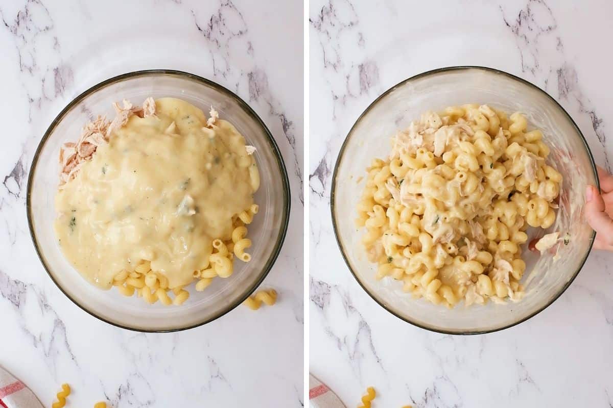 Side by side photo of mixing bowl before and after mixing pasta with chicken and sauce.
