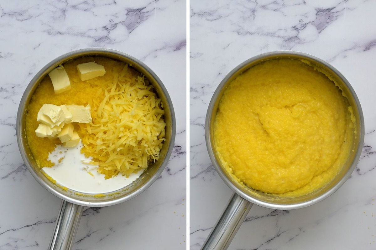 Side by side pot showing before and after adding butter, cream, and cheese to grits. 