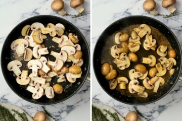 Mushrooms and shallot sauteed in skillet and then in another skillet with marsala.