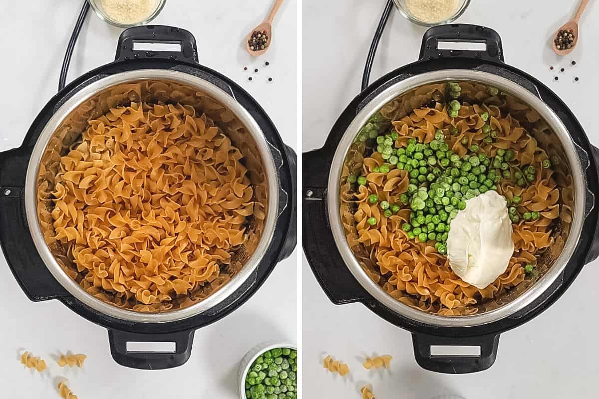 Side by side instant pot with cooked noodles and then after adding sour cream, peas, and parmesan.