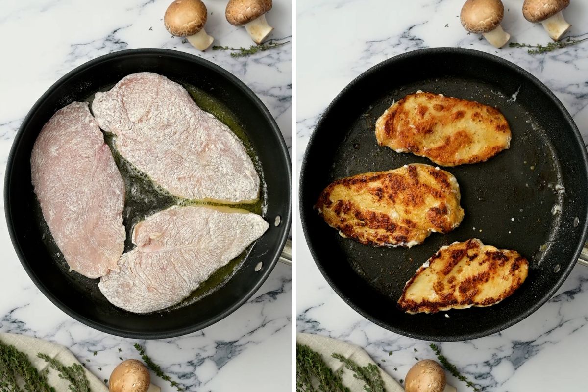Chicken before and after browning in skillet.