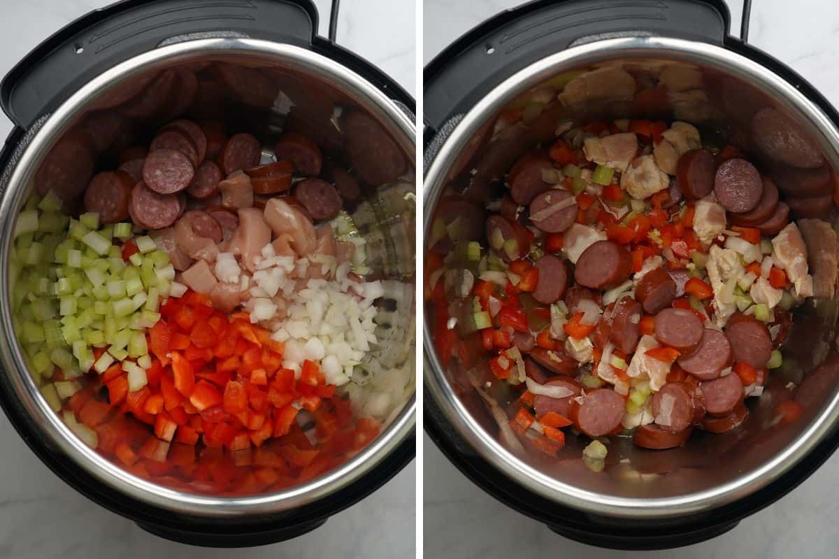 Side by side photo showing inner pot before and after sauteeing holy trinity with sausage and chicken.