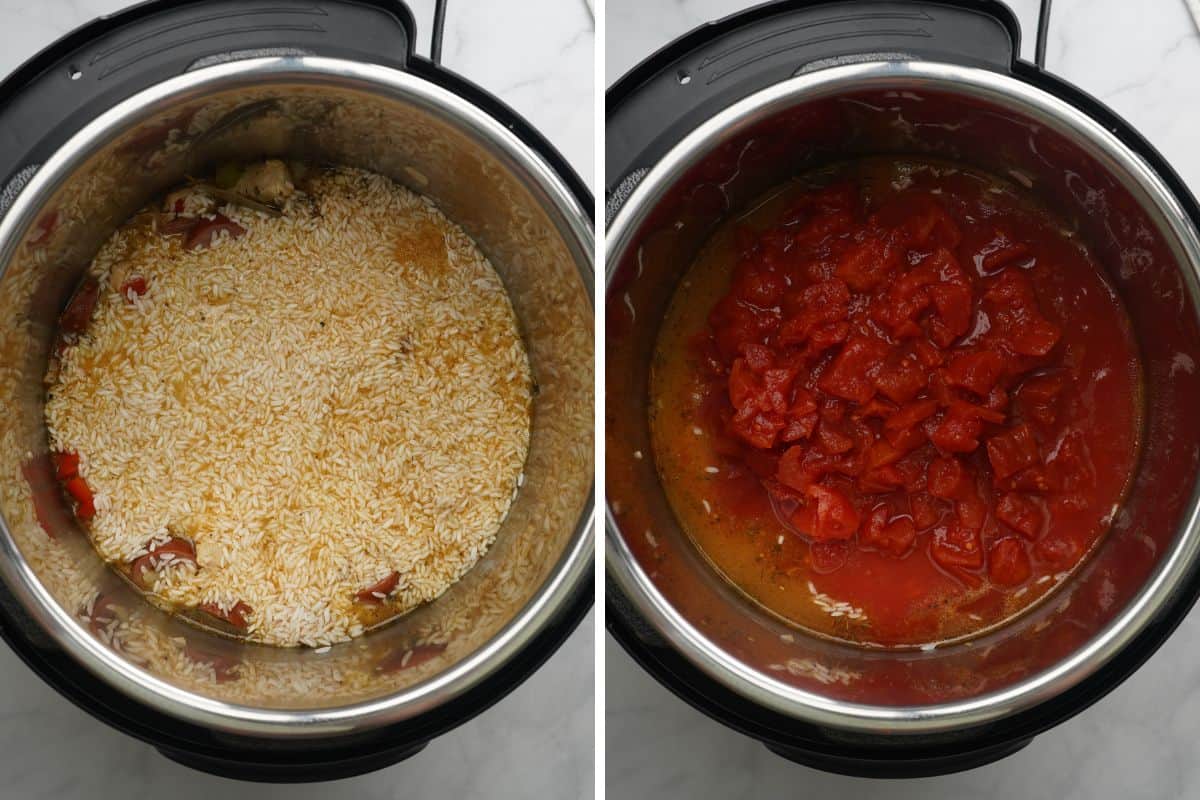Side by side photo showing inner pot with ingredients for jambalaya before and after adding tomatoes.