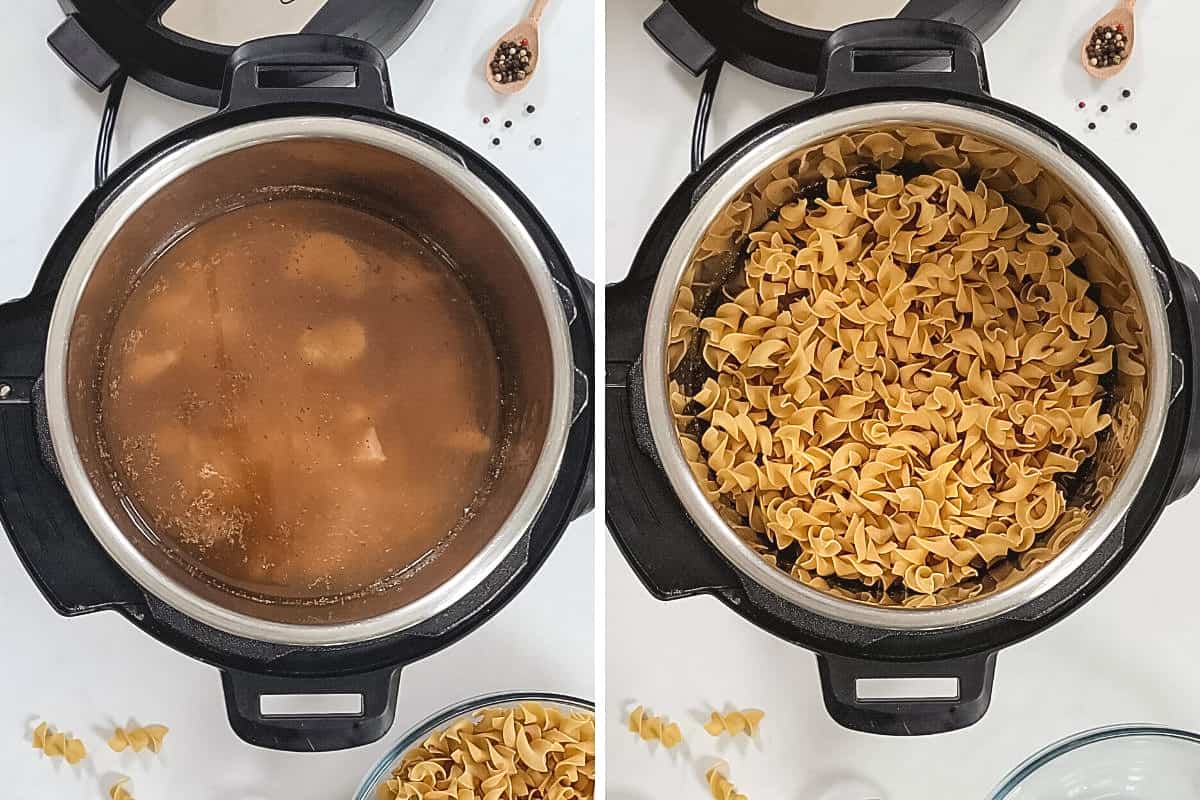 Side by side instant pot showing broth with tuna and then after adding noodles.