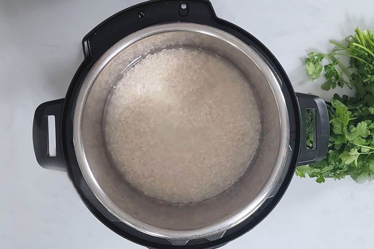 Water and rice inside inner pot of instant pot.