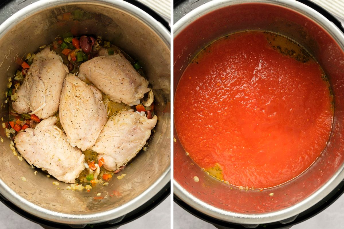 Side by side photo showing ingredients layered in inner pot and then topped with tomatoes.