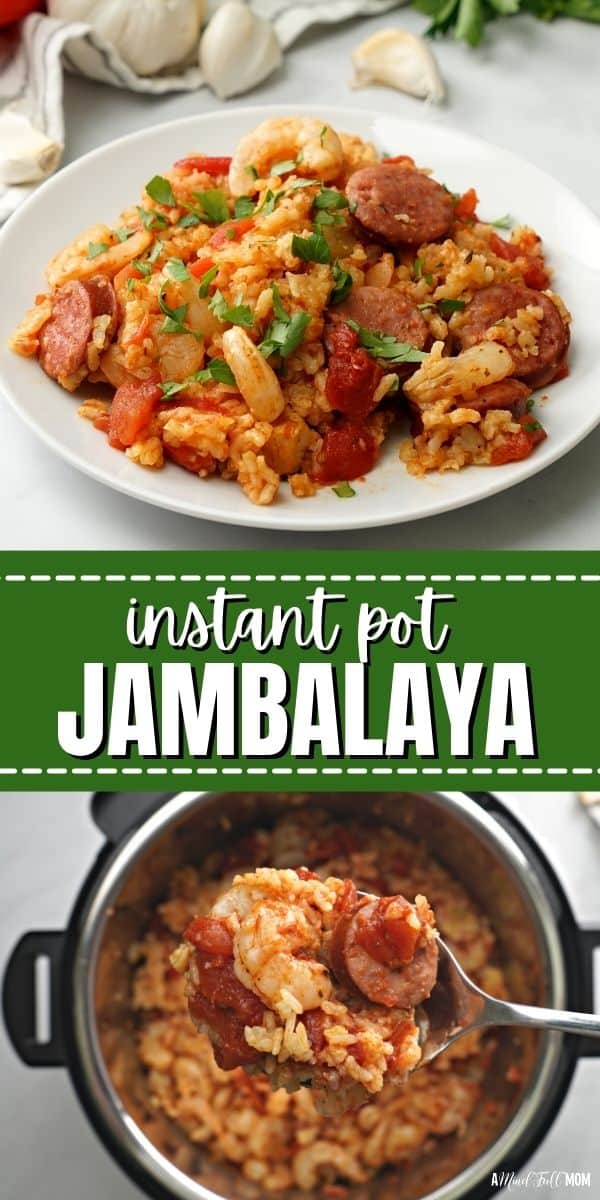 This all-in-one recipe for Instant Pot Jambalaya is made with chicken, andouille sausage, shrimp, and rice, for a flavorful 30-minute meal. This Cajun Jamabalya is a quick and easy comfort food recipe your family will love.