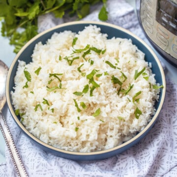 Bowl of instant pot jasmine rice topped with parsley.
