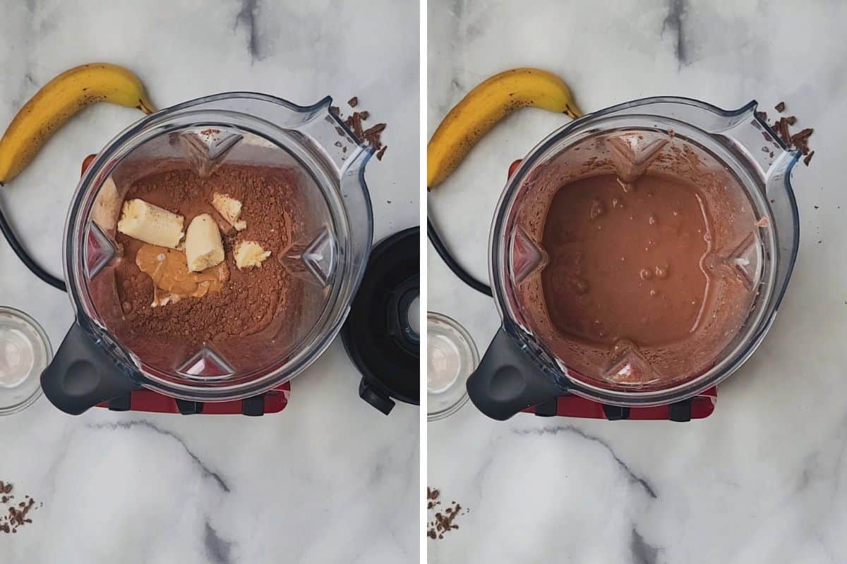 Side by side photo of blender before and after blending smoothie.