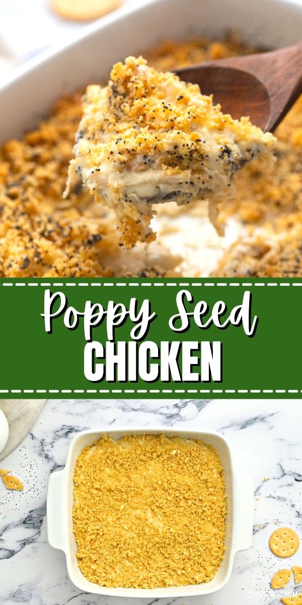 Poppy Seed Chicken is an easy chicken casserole recipe made with cooked chicken, a homemade creamy sauce, and an irresistible topping of butter crackers and poppy seeds.