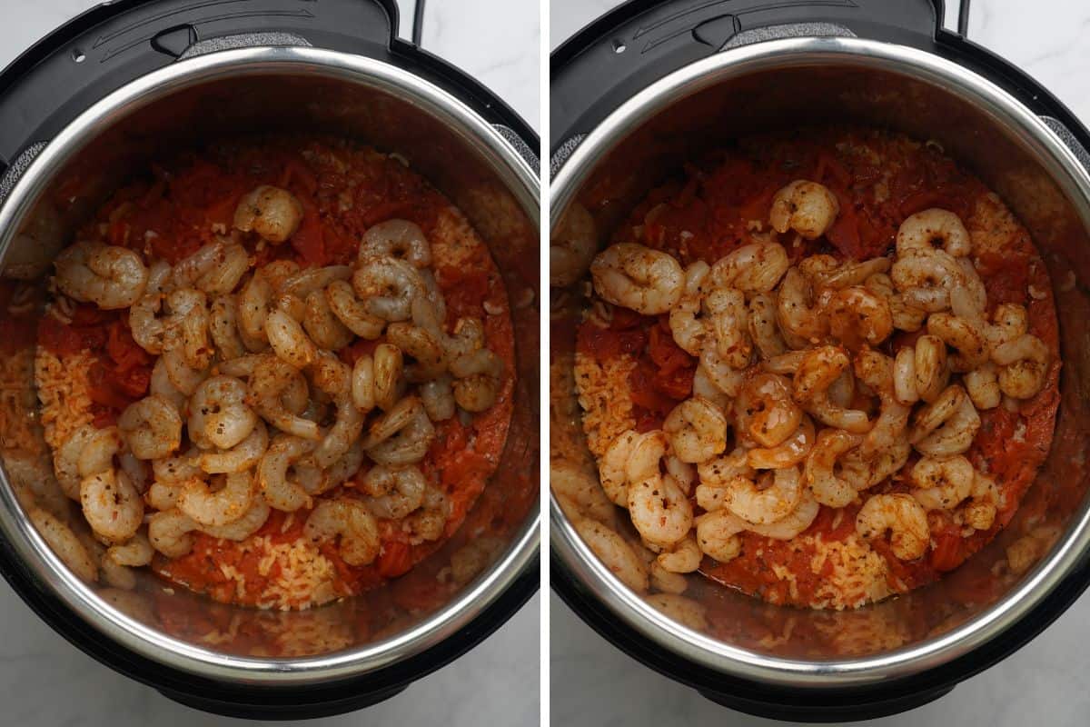 Side by side photo showing inner pot before and after letting the shrimp cook through.
