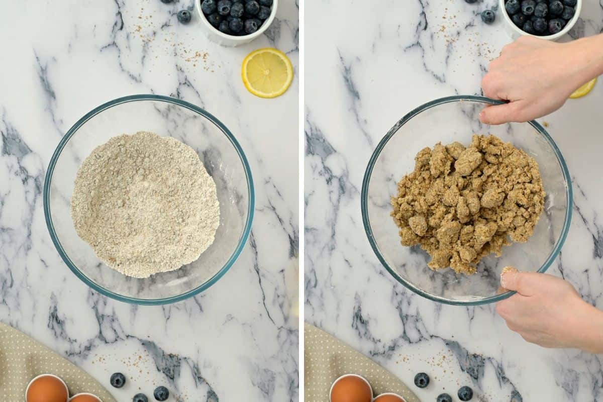 Side by side photo showing flour and brown sugar mixture before and after adding butter for streusel for cake.