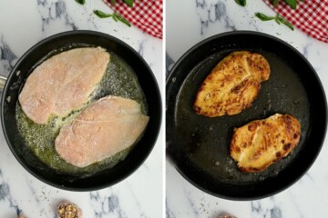 Side by side photo showing chicken before and after pan searing.