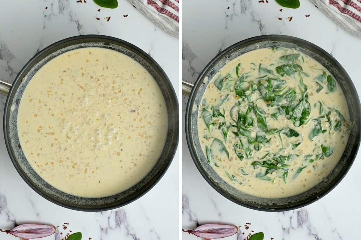 Two side by side photos showing creamy parmesan sauce before and after adding spinach.