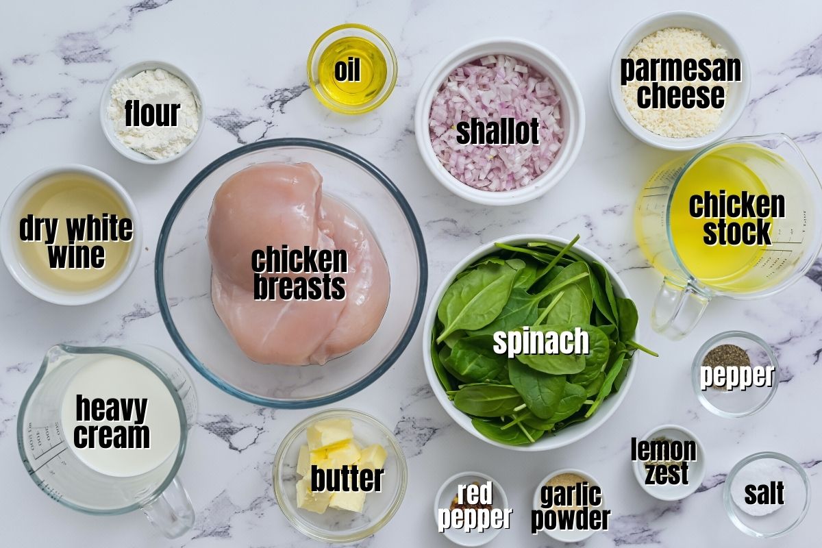 Ingredients for Chicken Florentine labeled on counter.