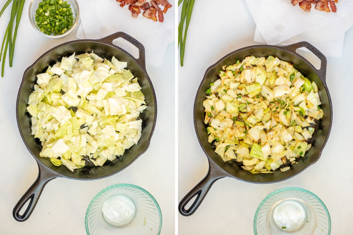 Side by side photo of cast iron skillet with cabbage before and after sauteeing it.