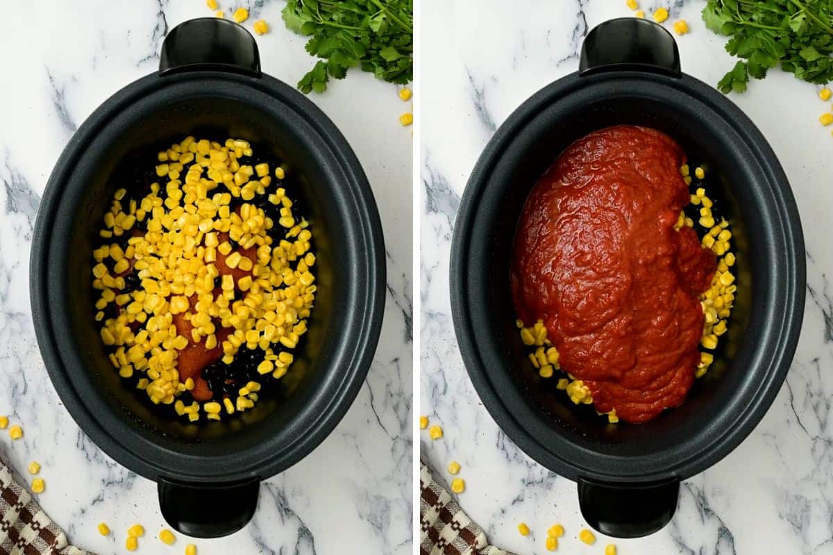 Side by side photo showing corn beans and chicken layered in slow cooker and then topped with salsa.