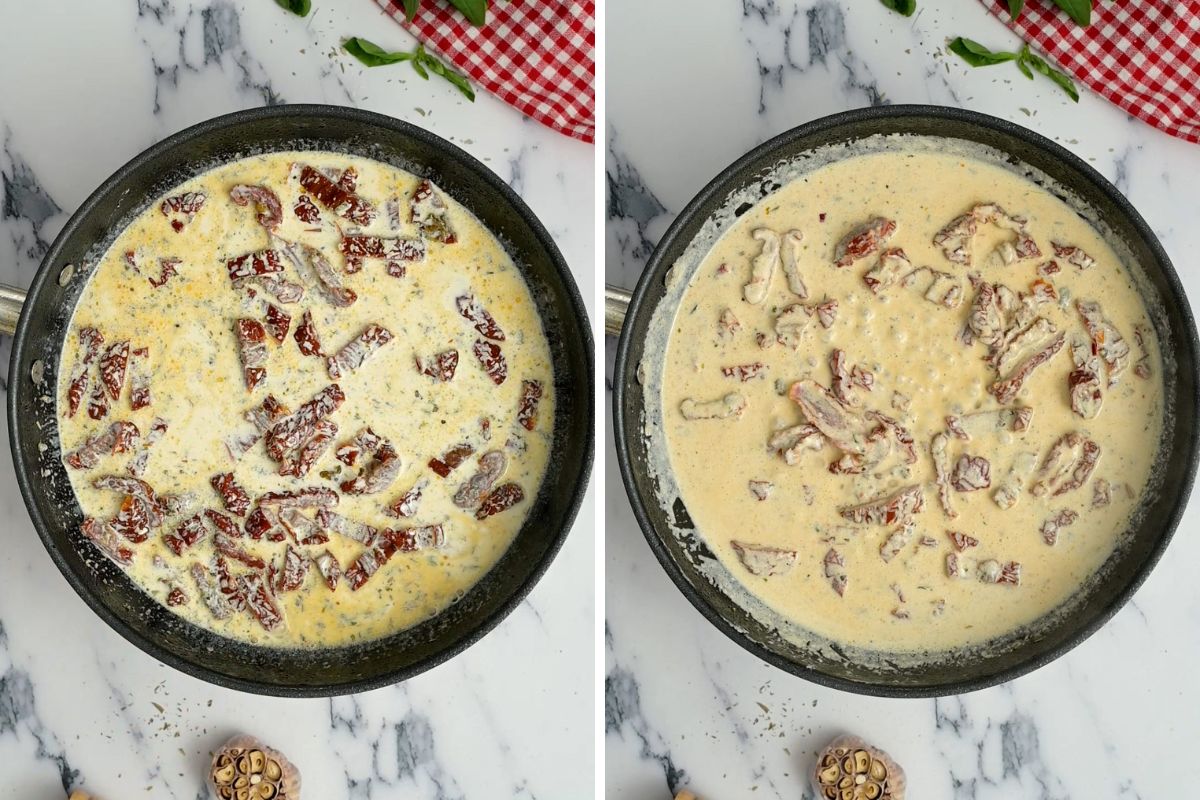 Side by side skillet showing parmesan sundried tomato sauce before and after simmering.