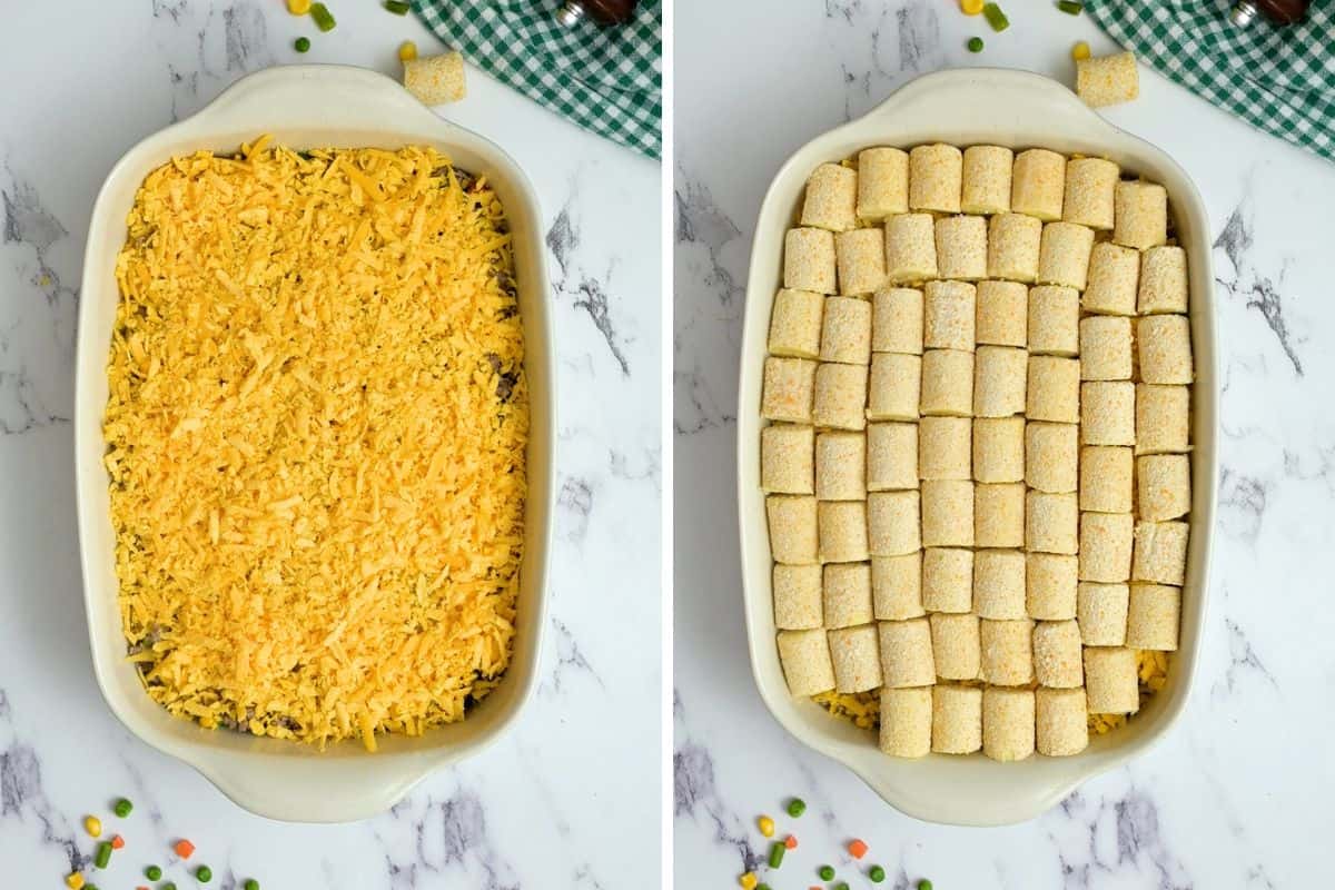 Side by side photo of casserole dish with beef mixture and cheese before and after topping with tater tots.